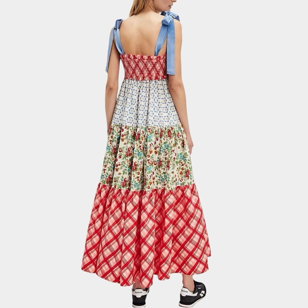 Women Bohemian Bluebell Maxi Dress Size L V-Neck Gathered Bodice Bows Shoulders - Picture 3 of 16